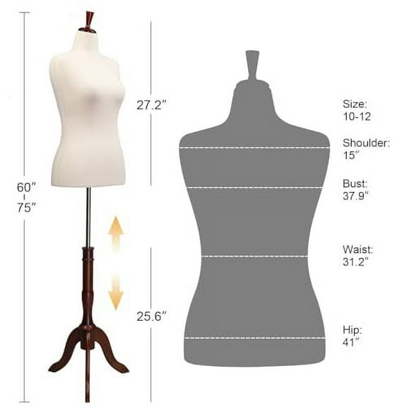 Bonnlo Female Dress Form Size 10-12, Adjustable Height Torso Body with Upgraded Tripod Stand, Medium Size Mannequin for sewing and display (10-12, Cream1)