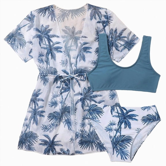 Ymyiu Girl Tankini Swimsuit 3 Piece Girls Ruffles Swimsuits Bikini Bathing Suit with Mesh Cover Ups Skirt Size 12-13 Years (Blue,12-13 Years)