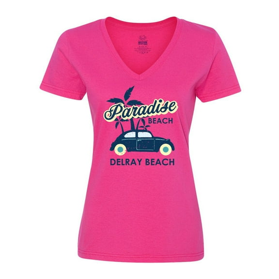 Inktastic Paradise Beach in Delray Beach with Palm Trees and Car Women's V-Neck T-Shirt