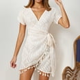 thumbnail image 2 of Beach Cover Ups for Women V Neck Sheer Mesh Dress Jacquard Fabric Swimwear Overlay Tunic Wrap for Beach Vacation and Poolside, 2 of 8