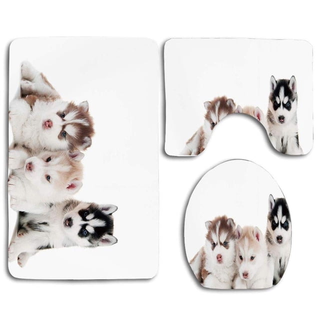 ABPHQTO Alaskan Malamute Tres adorables cachorritos siberianos Ojos azules Amigos Pedigrí Juego de alfombras de baño de 3 piezas Alfombra de baño Alfombra de contorno y tapa de inodoro