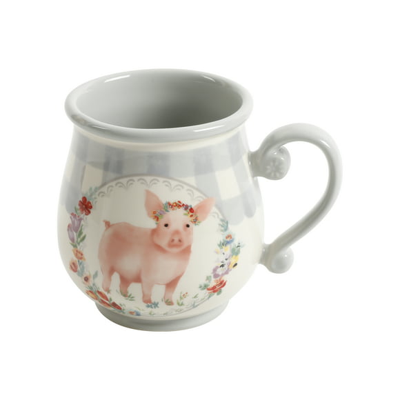 The Pioneer Woman Gray Gingham with Pig Decal 15-Ounce Ceramic Mug
