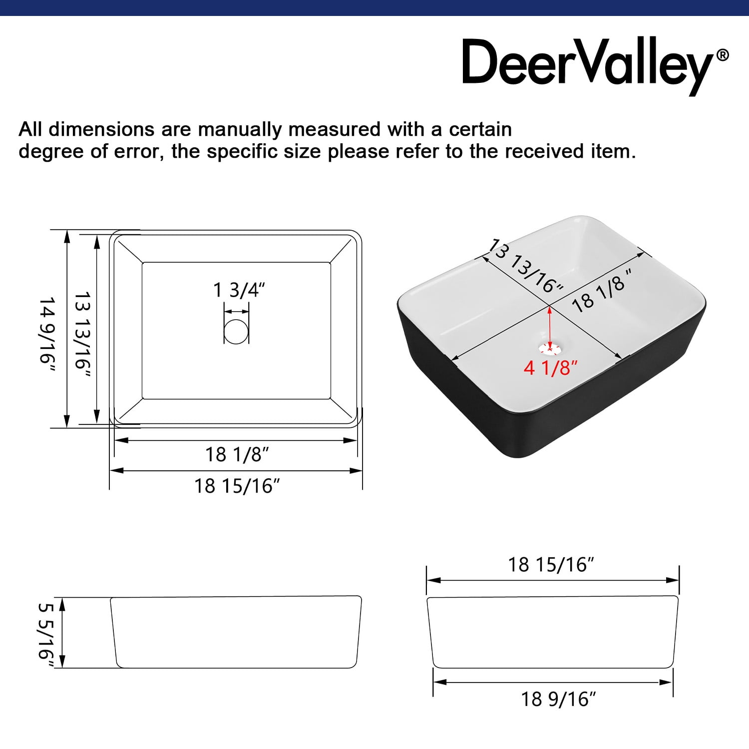 DeerValley DV-1V0001 Bathroom Vessel Sink 19" Rectangle Ceramic in Black