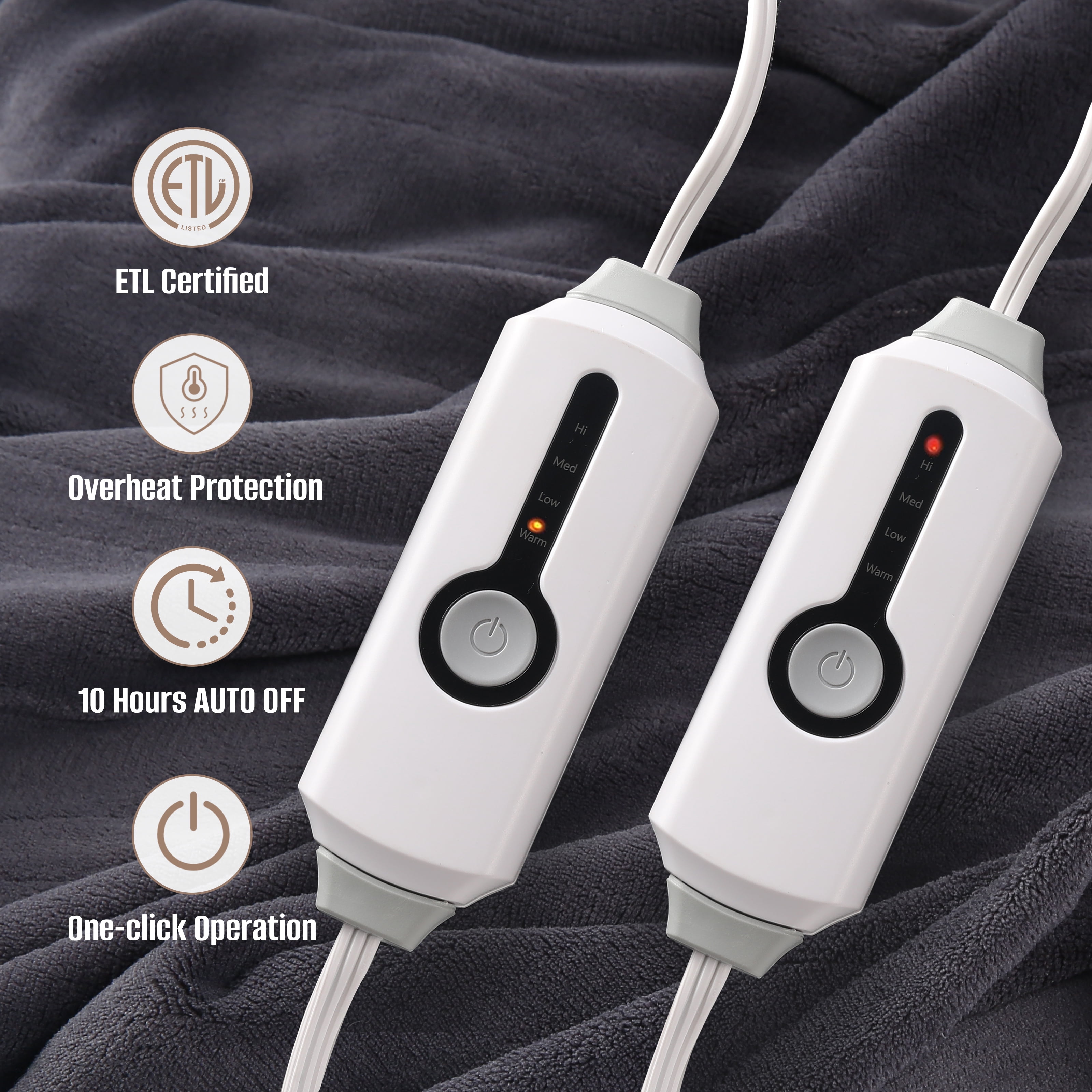 YAKEE Electric Heated Blanket 84"x90" Queen Size with Dual Control, 4 Heat Levels, 10-Hour Auto-off, Soft Coral Fleece, Overheat Protection, Gray