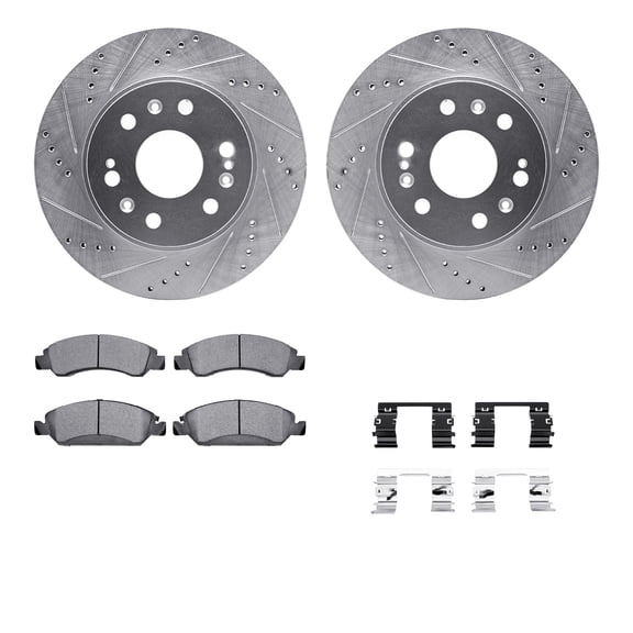 Dynamic Friction Company Front Brake Rotors-Drilled and Slotted-Silver with Heavy Duty Brake Pads includes Hardware 7212-48143