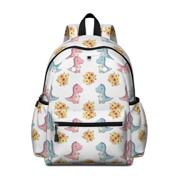 Dinosaur and Floral White Pattern Cute School Backpack with Padded Back and Adjustable Shoulder Straps 13.4"x11"x4.7"