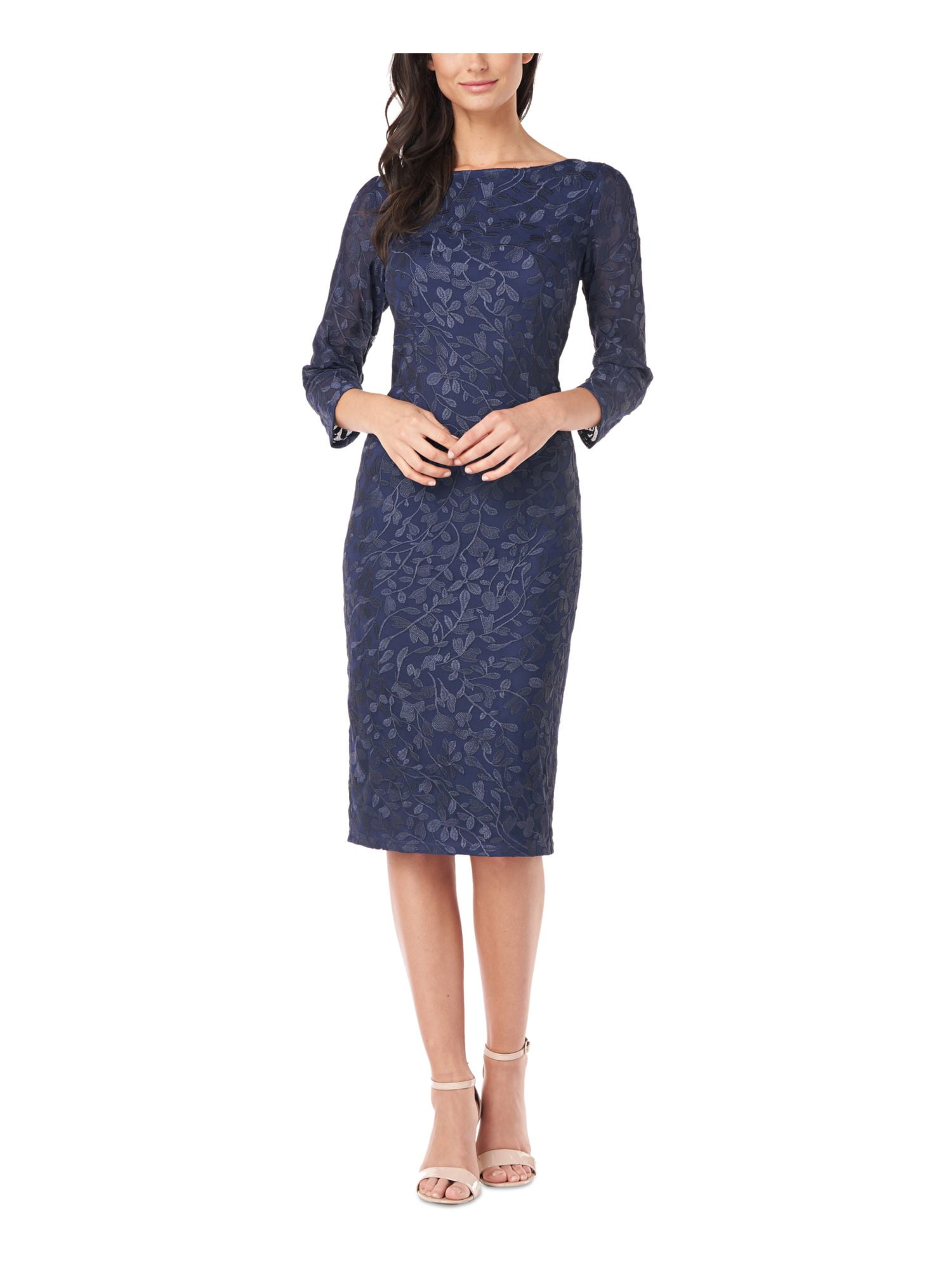 Boat neck 3/4 sleeve dropped waist draw string below knee length dress main image 1