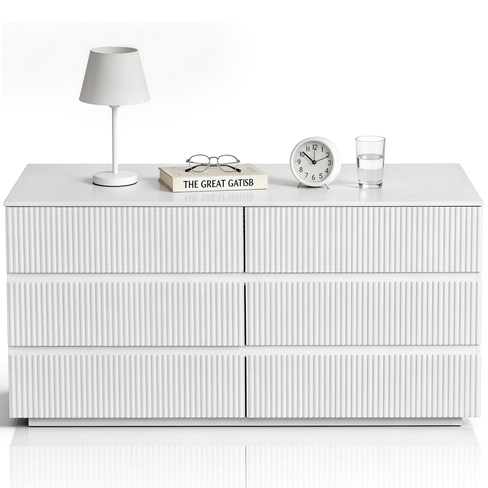Handleless 6-Drawer Cabinet with Grille Finish P2 Particleboard + MDF & Melamine Veneer + Vacuum-Formed Storage Cabinet 55.12*15.75*27.95in White