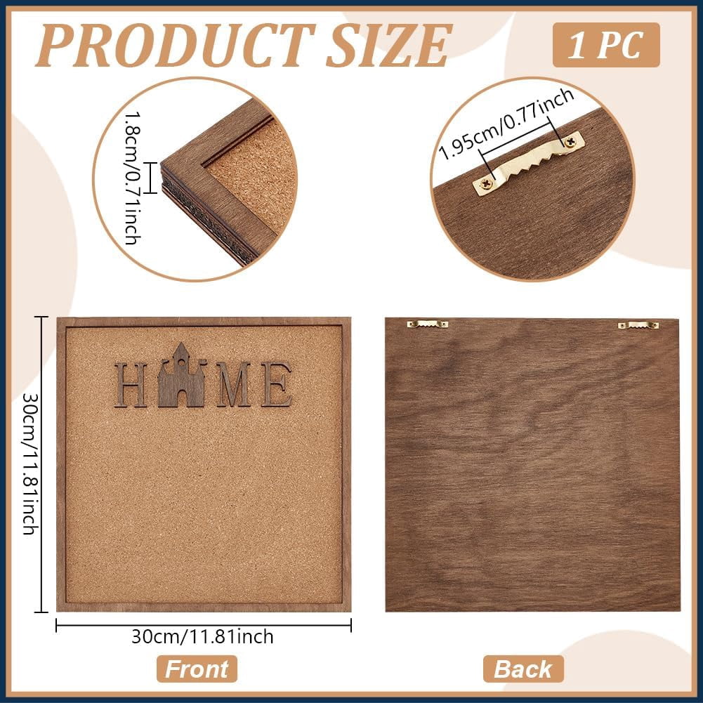 Square Home Word Pin Board Cork Board 11.8x11.8inch Bulletin Display Board Wall Mounted Cork Board with Saddle Brown Frame for Brooch Pin Storage Display Office Home Decor