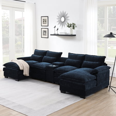 Harper & Bright Designs Sectional Sofa with Console and Cup Holders, Modern U Shaped Sofa Couch Sets with 2 Chaise Lounge, 4-seat Velvet Cloud Couch with USB Ports for Apartment Office, 123" Blue