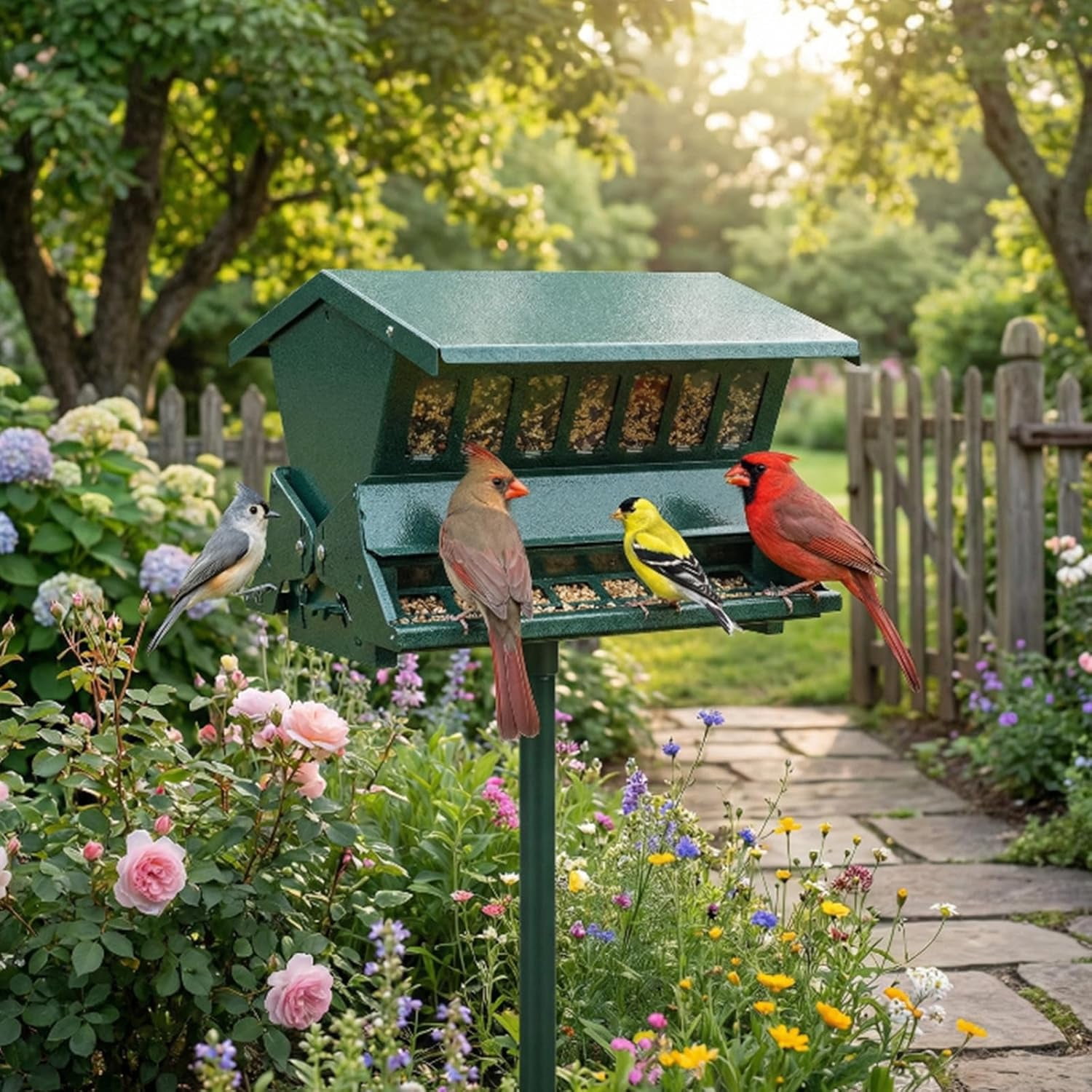 Squirrel Proof Bird Feeder Metal 12lbs Large Capacity for Cardinals Chickadees Green Bird Feeder on Pole for Outdoors, Not Including Pole