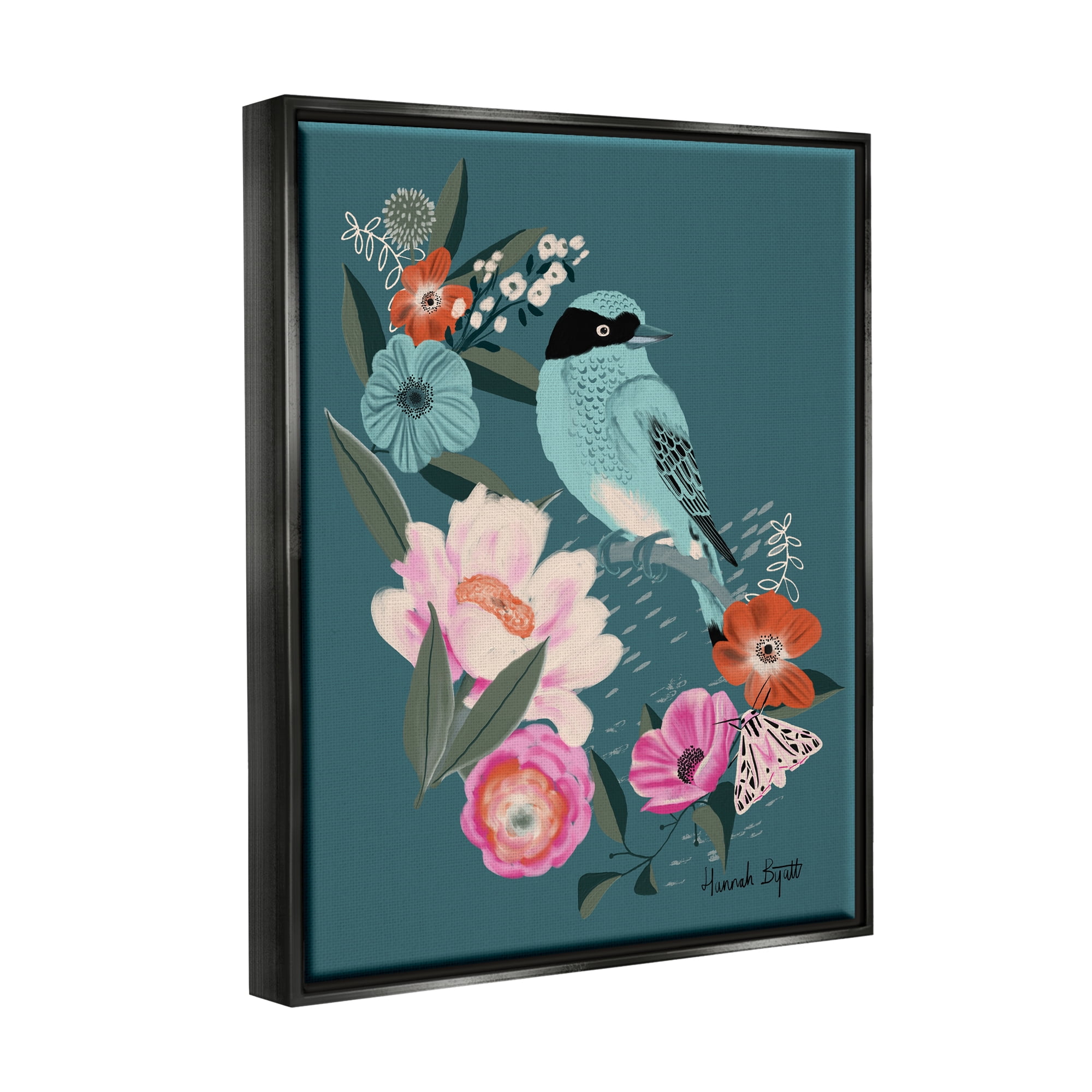 Stupell Industries Blue Bird & Flowers Animals & Insects Painting Black Floater Framed Art Print Wall Art, 17 x 21