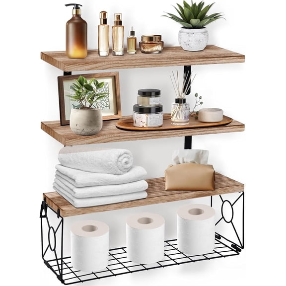 Bathroom Shelves Over Toilet Set of 3, 15.8 inch Floating Shelf with Storage Basket, Floating Shelves for Wall, Wood Wall Mounted Shelf for Bathroom Living Room Bedroom Kitchen, Rustic Brown