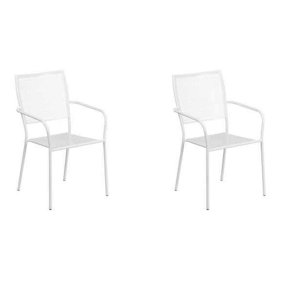 2 PACK Square Back White Metal Outdoor Patio Stackable Dining Chair For Commercial or Residential Use