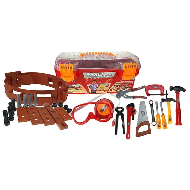 Power Tools Toy Toolbox & Tools Set w/ Tool Belt, Measuring Tape