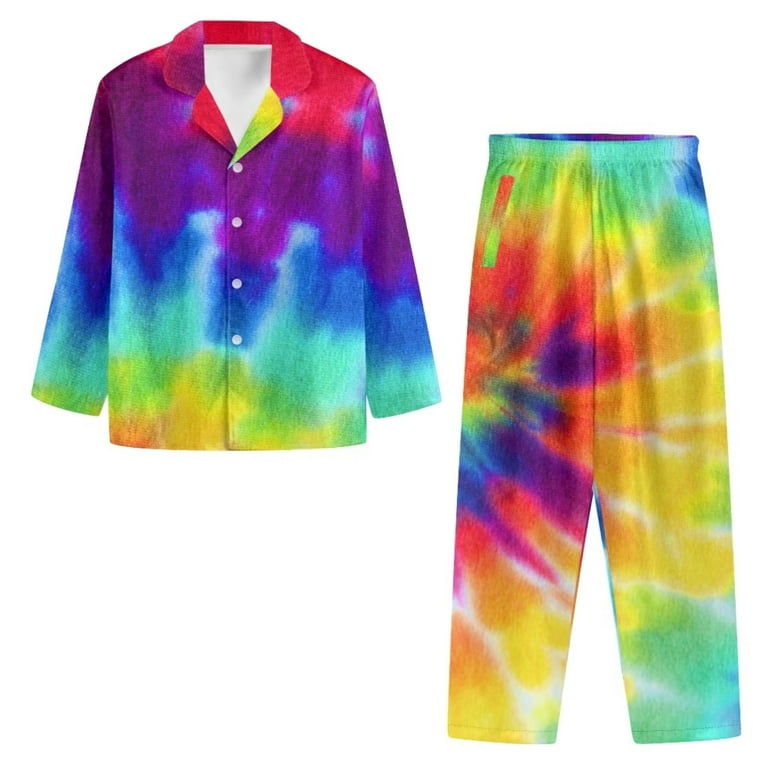 Renewold Women Rainbow Tie Dye Pajamas Sweatpants Set of 2 Thermal Button  Lounge Wear for Walking Elastic Athletic Clothing Comfort Pjs Tracksuit