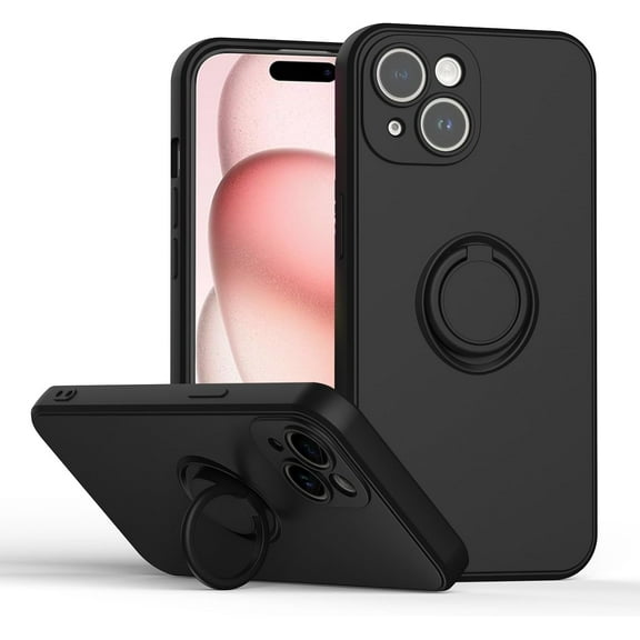 KOMI for iPhone 15 2023 Case,Slim Liquid Silicone Ring Kickstand Soft Anti-Scratch Microfiber Lining Protection Bumper Case for iPhone 15 Black