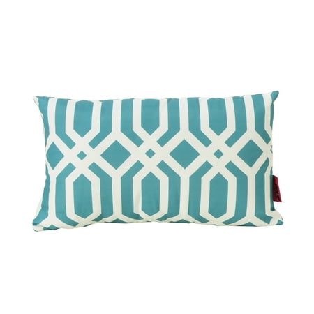 Noble House Azyia Water resistant Fabric Arabesque Patterned Rectangular Throw Pillow, Dark Teal, White, 11.50" x 18.50"