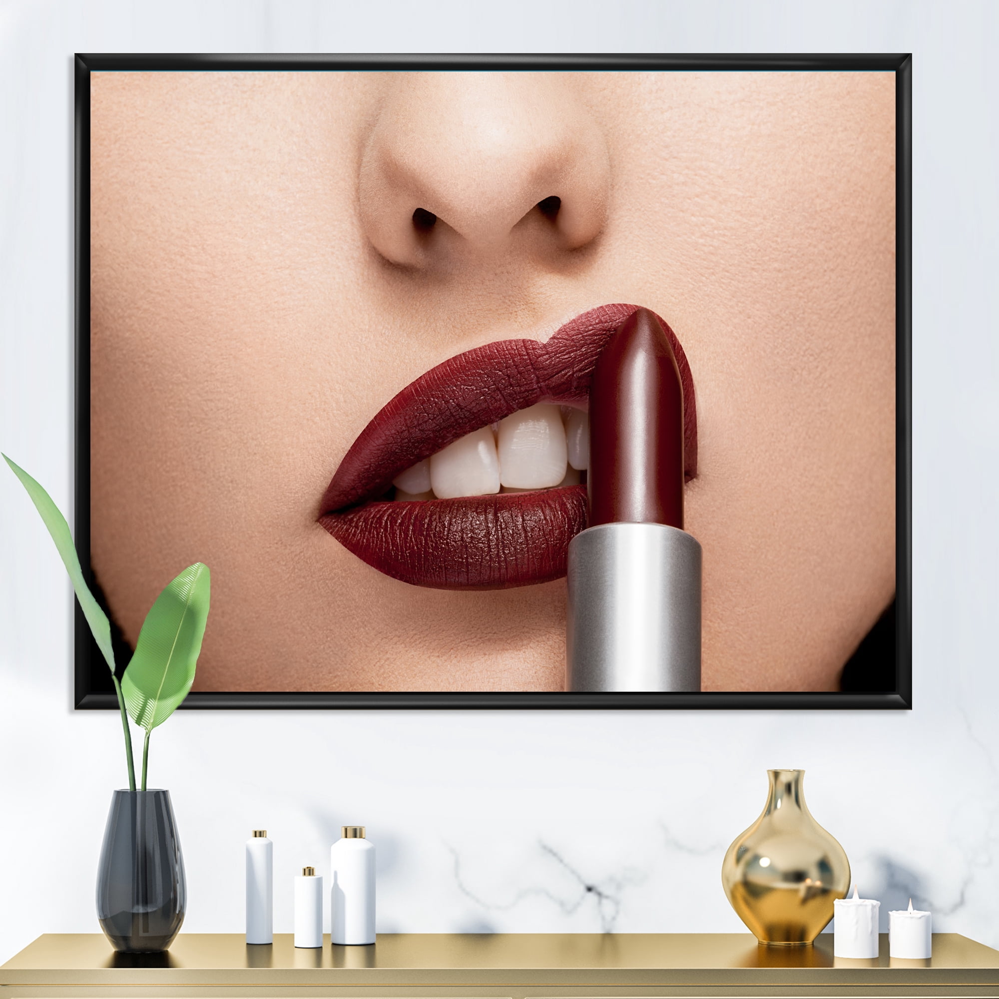 Designart 'Woman Applying Red Lipstick On Lips II' Modern Framed Canvas Wall Art Print