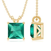 Rosec Jewels Princess Cut Lab Grown Emerald Solitaire Pendant, Pendant Necklace with Chain, 10K Yellow Gold