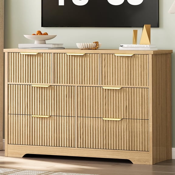 Modern Fluted Dresser for Bedroom with 7 Drawers, Wide Long Dresser Wood Storage Cabinet, Furniture TV Stand w/Metal Handles, Wicker Dressers for Adult Bedroom, Hallway, Natural Oak
