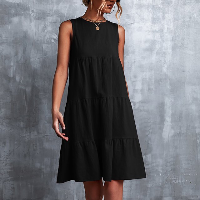 TIHLMK Robes pour Femmes Été Mode Vacances Été Couleur Unie Col Rond Sans Manches Fête Plage Robe Ample