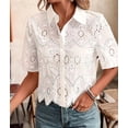 thumbnail image 4 of Women Short Sleeve Button Down Collared Blouses Embroidery Eyelet Top White XXL, 4 of 8