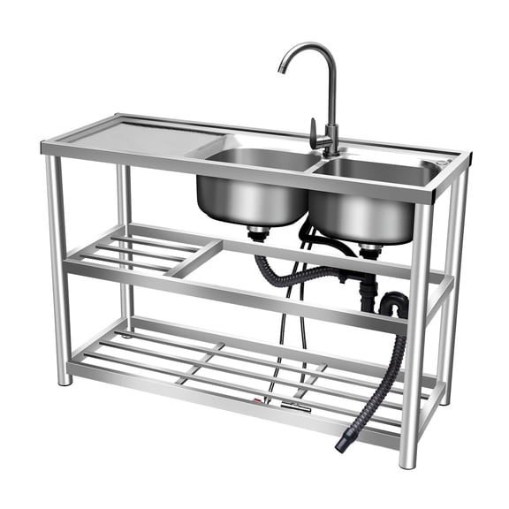 Miumaeov 304 Stainless Steel 2-Compartment Utility Sink, Freestanding Dual Bowl Commercial Sink with Storage Shelf for Restaurant, Kitchen, Outdoor