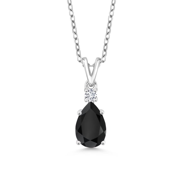 Gem Stone King 925 Sterling Silver Black Onyx and White Lab Grown Diamond Pendant Necklace for Women (1.35 Cttw, Gemstone December Birthstone, Pear Shape 9X6MM, with 18 inch Chain)
