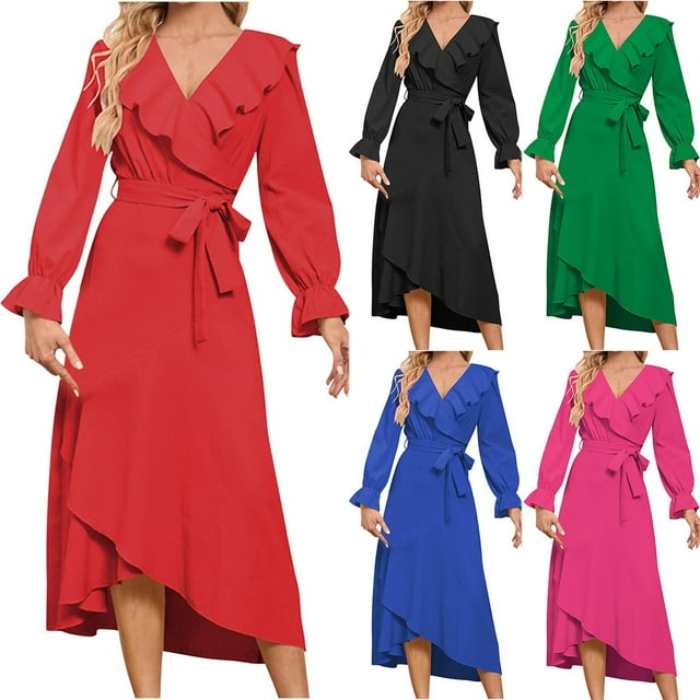 Women's Tea Length A Line Flowy Dress Solid Color Bandage Ruffle Clearance Long Sleeve Spring V Neck Button Elegant Casual High Waist Trendy Black L