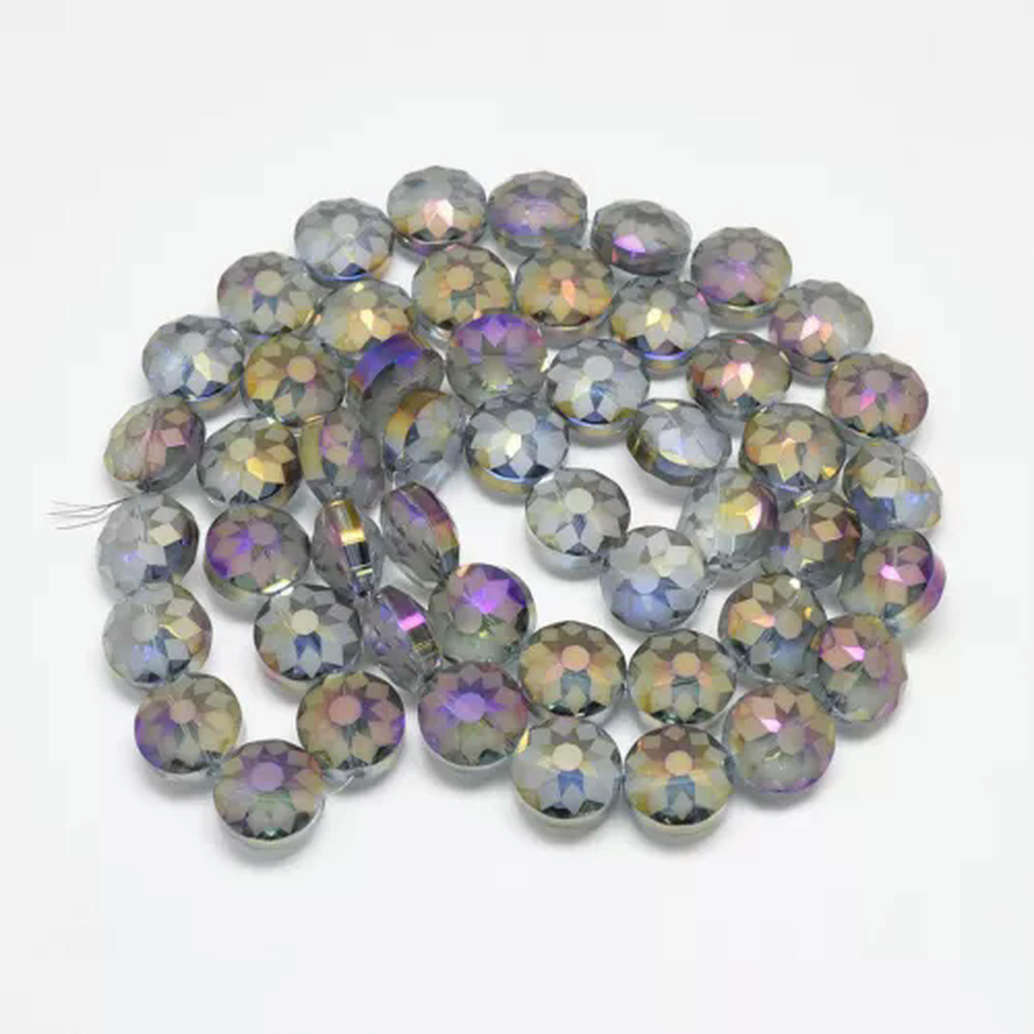 U8MO 2Strands Rainbow Plated Faceted Flat Round Electroplate Glass Beads Frosted 14mm-Light Steel Blue