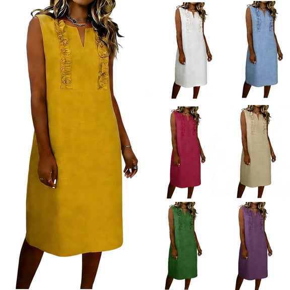 Women's Dresses Summer Plus Size Sleeveless V-Neck Solid Color Shift Summer Casual Leisure Loose Beach Party Maxi Dresses with Side Pockets