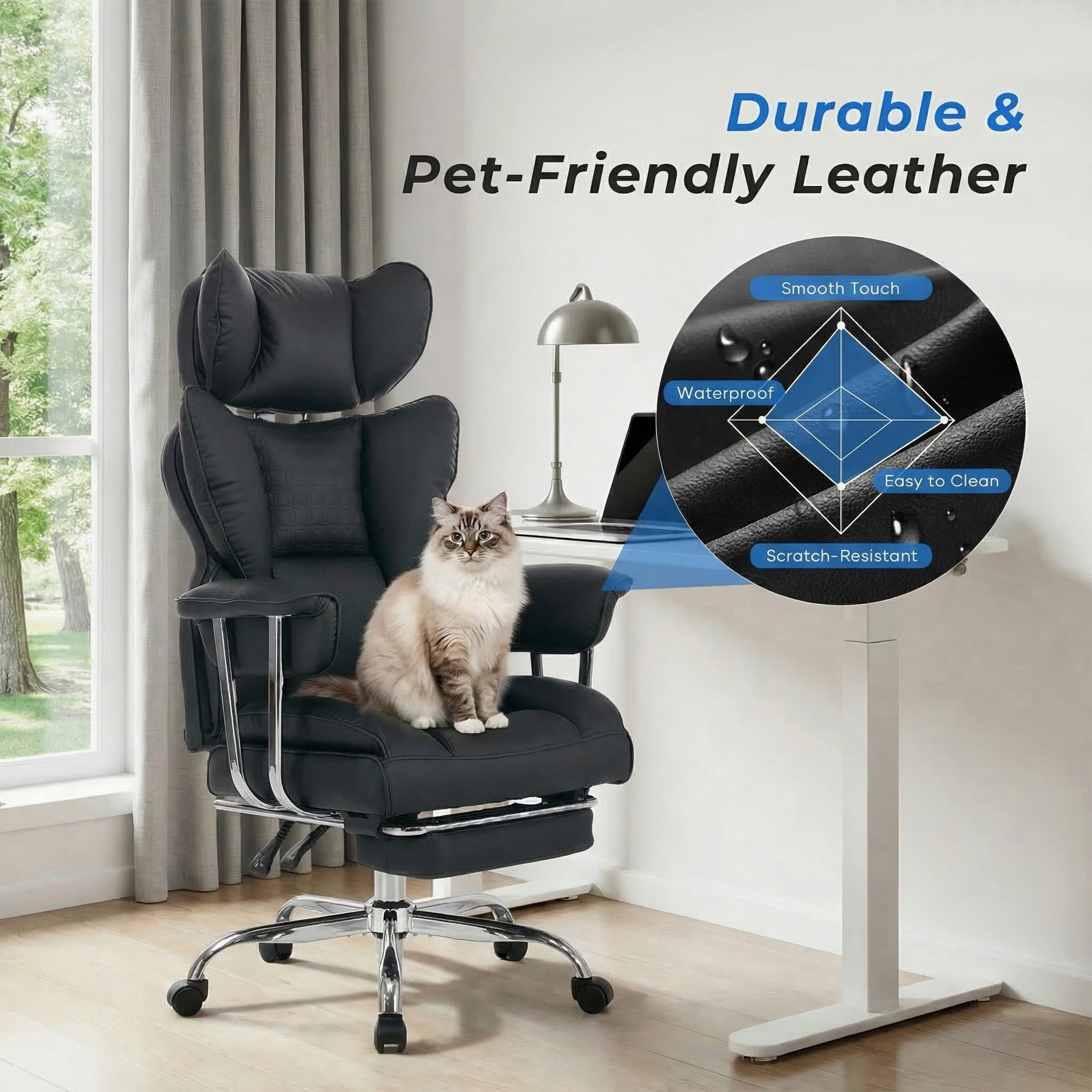 EDX Big and Tall Office Chair, Ergonomic PU Leather Executive Computer Chair with Footrest, Pocket Spring Support, 350 LBS Capacity, For Home Office, Black