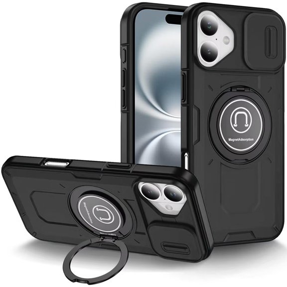 For iPhone 16 Plus 6.7in Case Sliding Lens Cover Metal Stand Tempered Glass