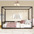 thumbnail image 3 of Bellemave Full Size Floor Bed Frame with 4-Poster and Fence Guardrails Metal Floor Canopy Bed Montessori Bed (Full, Black without Wardrobe), 3 of 9