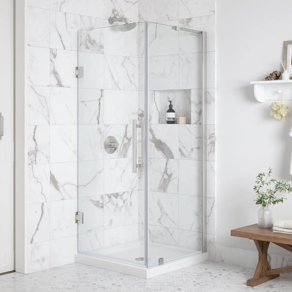 OVE Breeze 32 x 32 Corner Frameless Hinge Shower Door Kit Satin Nickel