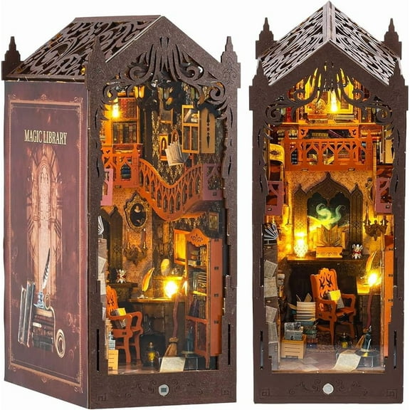 MOJINO Book Nook Kits for Adults- DIY Miniature House 3D Puzzle Bookends for Adults and Teens, Tiny House Bookshelf Insert Decor & Christmas/Birthday Gift (Magic Library)
