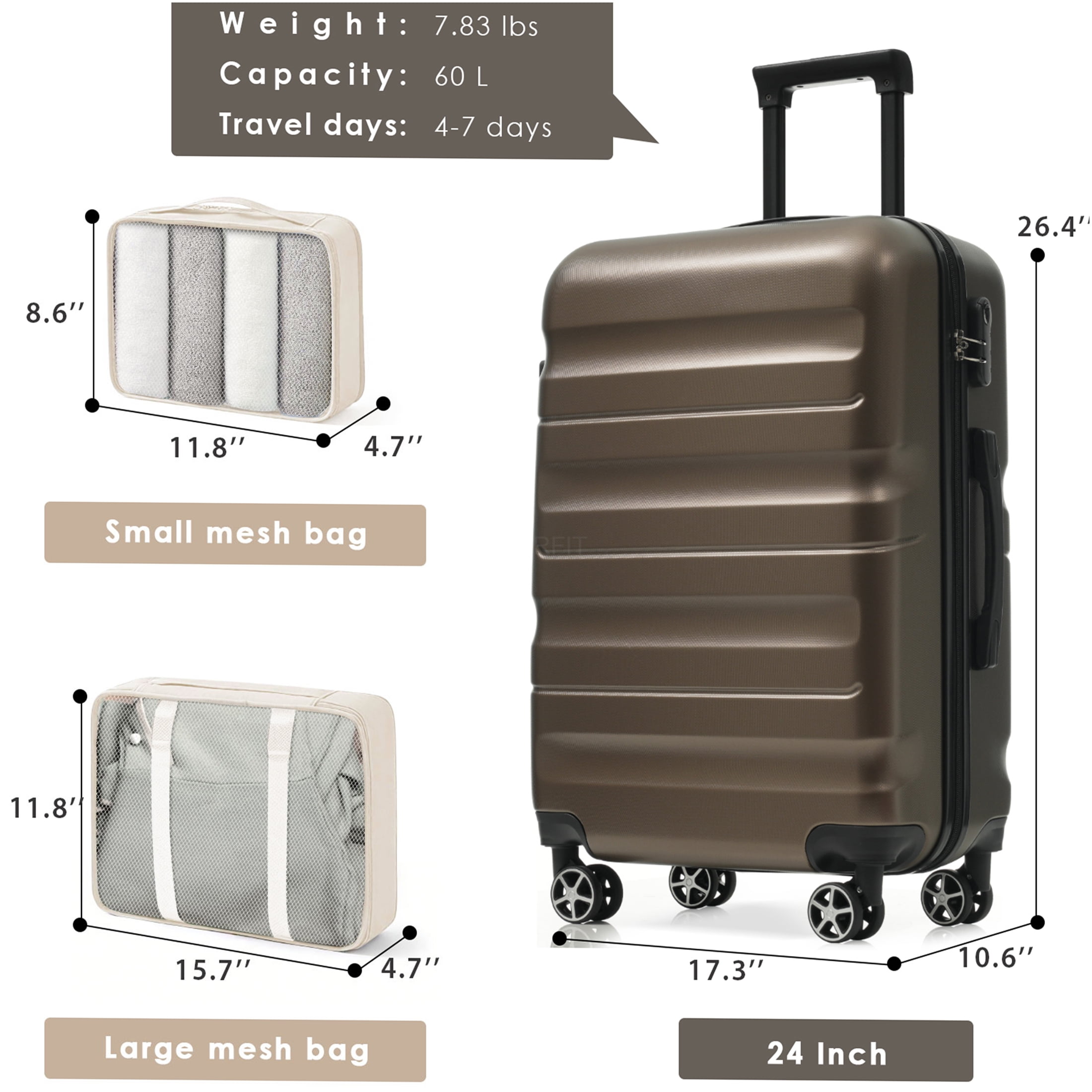 JERFIT 24 Inch Brown ABS Hardshell Checked Spinner Suitcase Luggage with Packing Cubes, Lightweight & Durable Travel Suitcase for Men and Women