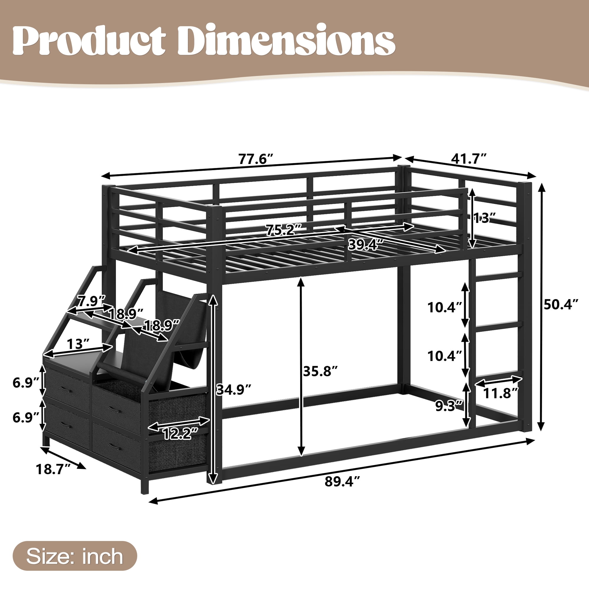 Leumius Metal Bunk Bed Twin over Twin with Storage Shelves and Drawers,Metal Bunk Bed Frame with LED Lights,No Box Spring Need,Black