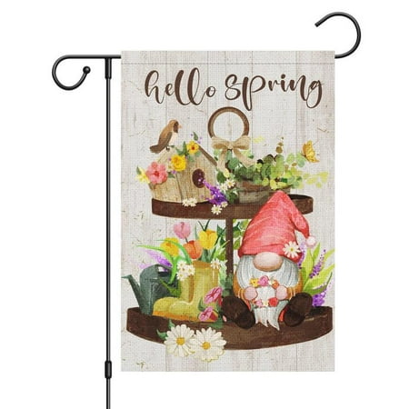 VOCHIC Hello Spring Gnome Garden Flag 12x18 Double Sided  Burlap Small Spring Tiered Tray Floral Bird House Garden Yard Flags Outdoor House Decoration (Only Flag)