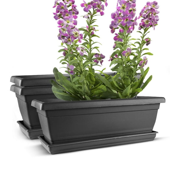 Cubiark Garden  20 inch Window Box  Planter (3pack) with saucer tray and drainage - Black - durable plastic pot, textured finish, removable saucer, for indoor & outdoor use, home decor
