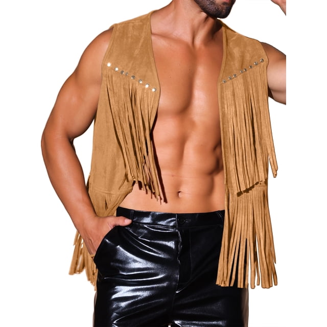 INSPIRE CHIC Chalecos para hombres con flecos y borlas, estilo retro, sin mangas, color marrón
