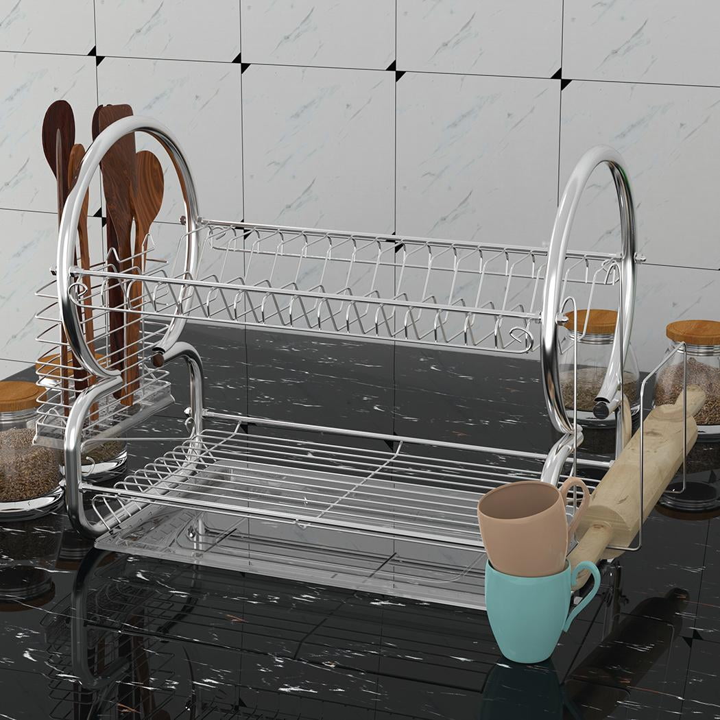 Dish Rack Home Kitchen Dish Drainer 2 Tier Drying Rack Stainless Steel Space Saver by