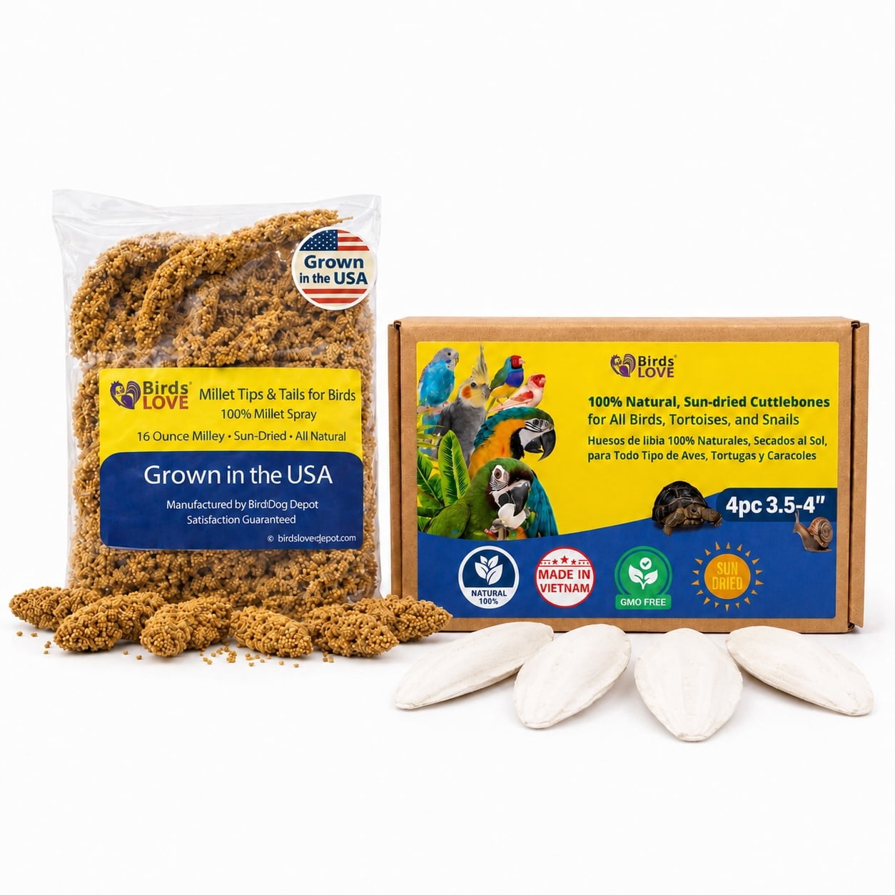 Farm to Feathers™ Bird Millet & Cuttlebone Bundle – USA Grown Millet Sprays for Parakeets, Budgies, Cockatiels, Finches & Canaries – 1 lb Tips & Tails Millet + 4” Cuttlebone (4 Pack)