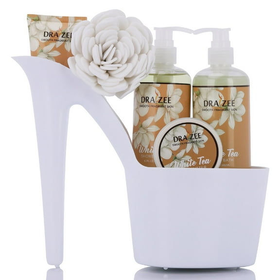 Draizee Heel Shoe Spa Gift Set � White Tea Scented Bath Essentials Gift Basket With Shower Gel, Bubble Bath, Body