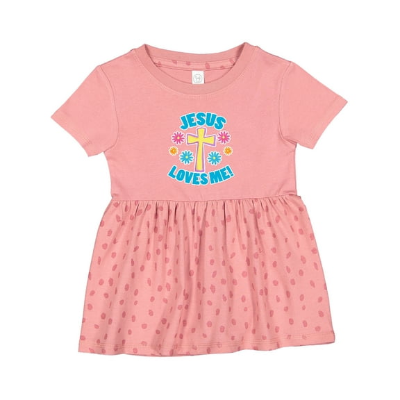 Inktastic Easter Jesus Loves Me with Cross and Flowers Girls Baby Dress