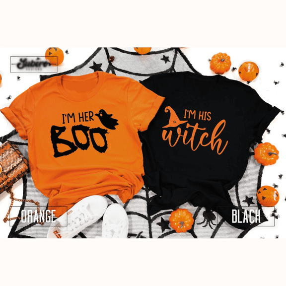 PAVIG Her Boo His Witch Halloween Couple Matching Shirt, Graphic Tee