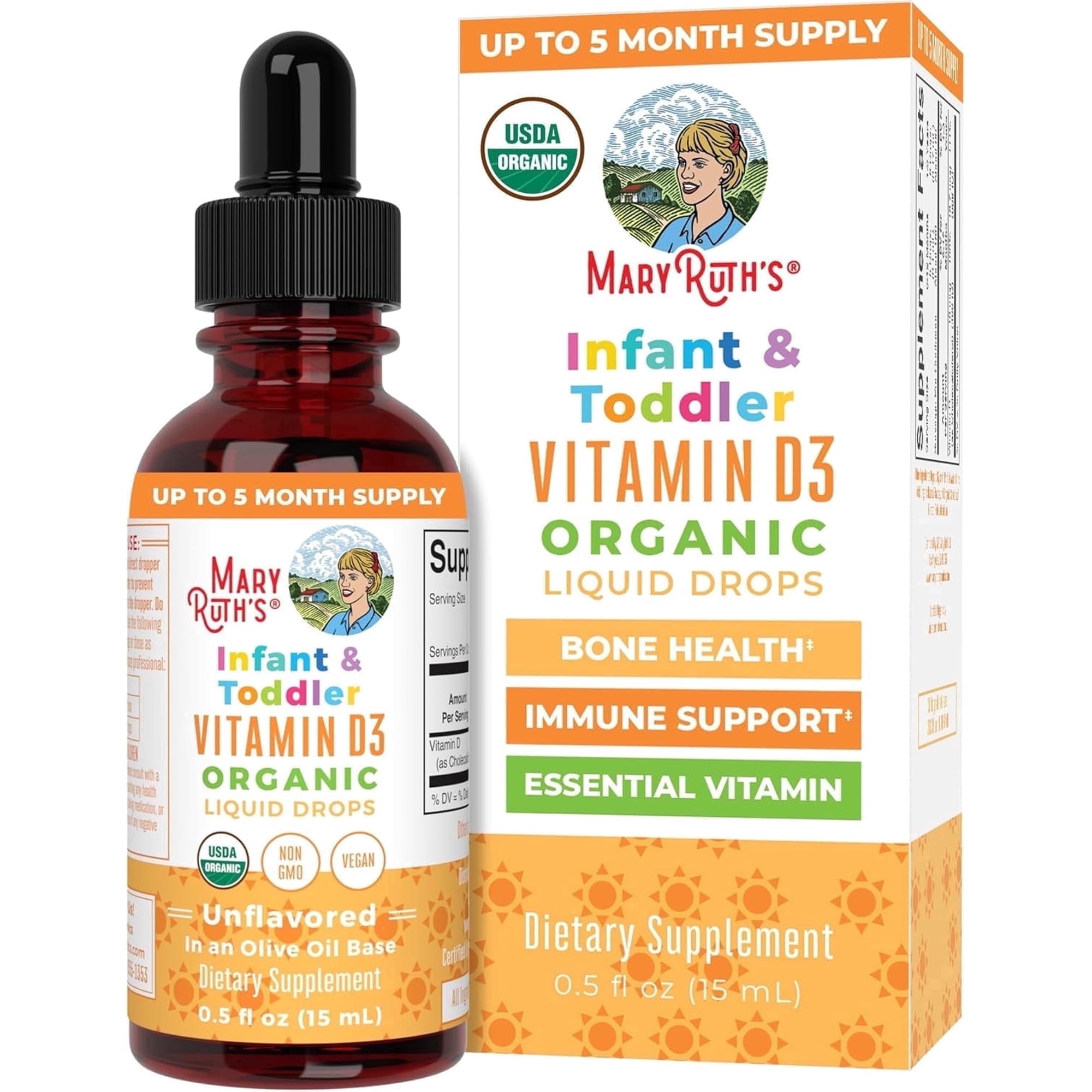 MaryRuth's Vitamin D3 Liquid Drops Supplement for Infant & Toddler, USDA Organic, Olive Oil Infused, Vegan, Gluten Free, Sugar Free, 0.5 fl oz