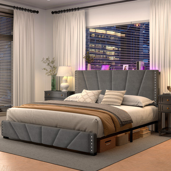 EnHomee Queen Bed Frame with Adjustable Headboard Upholstered Platform Bed Frame with LED Lights & Charge Station ,Gray