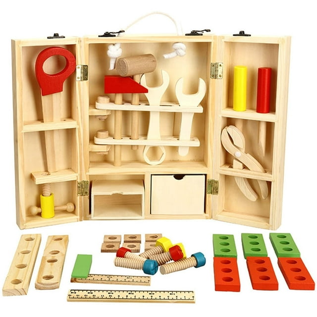 Boîte à Outils en Bois et Ensemble d'Accessoires Trousse de Jeu d'Imitation Jouets de Construction Éducatifs pour Enfants